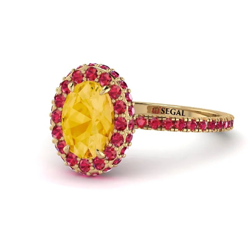 Vintage Engagement Rings-Oval Citrine Halo Hidden Rubies Ring - Amy No. 610