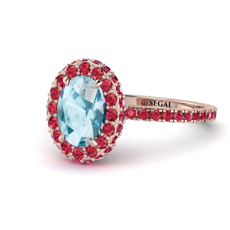 Silver Gemstone Rings-Oval Aquamarine Halo Hidden Rubies Ring - Amy No. 411