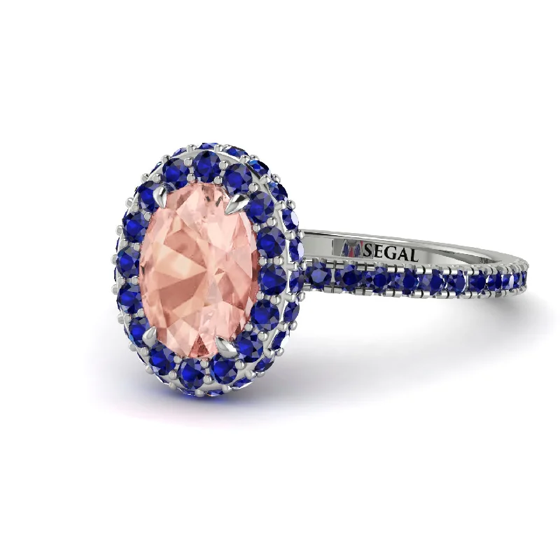 Vintage Style Rings-Oval Morganite Halo Hidden Sapphires Ring - Amy No. 915