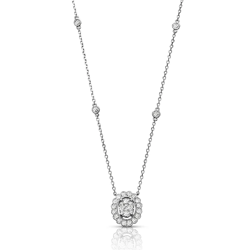 Elegant Silver Necklaces-Milgrain 0.50 ctw Diamond Oval Halo Cluster Necklace Pendant