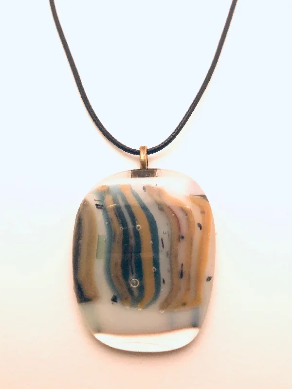 Fashionable Gemstone Necklaces-Necklace with fused Glass Pendant, large Pendant, clear/white with stripes