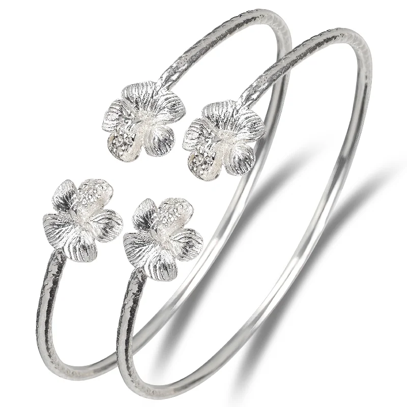 Luxury Wedding Bangle Sets-Better Jewelry Flower Hibiscus .925 Sterling Silver West Indian Bangles, 1 pair