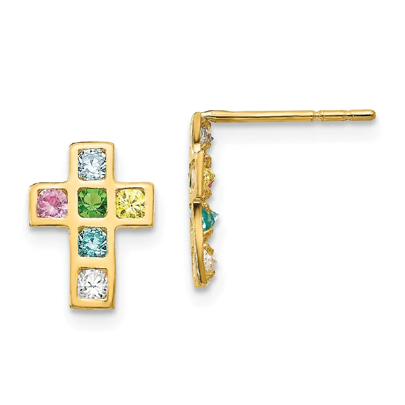 Elegant Gemstone Earrings-Children's 14k Yellow Gold & CZ 10mm Jeweled Cross Post Earrings