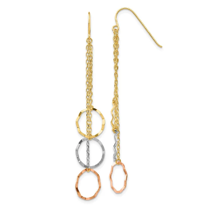 Unique Wedding Stud Earrings-Tri-Color Faceted Circles Chain Dangle Earrings in 14k Gold