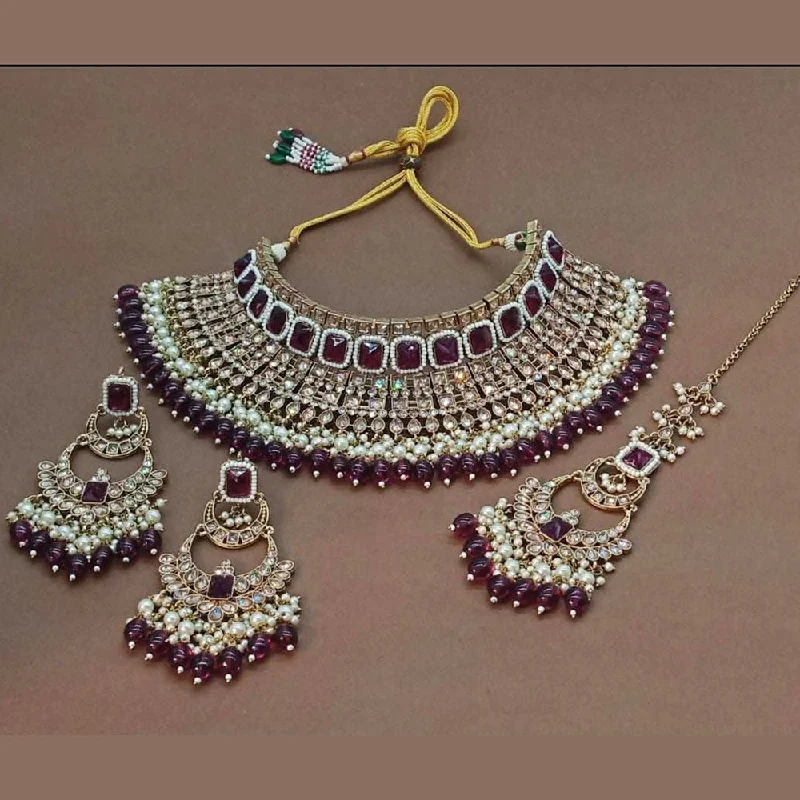 Beautiful Heart Pendant Necklaces-India Art Gold Plated Crystal Stone Choker Necklace Set