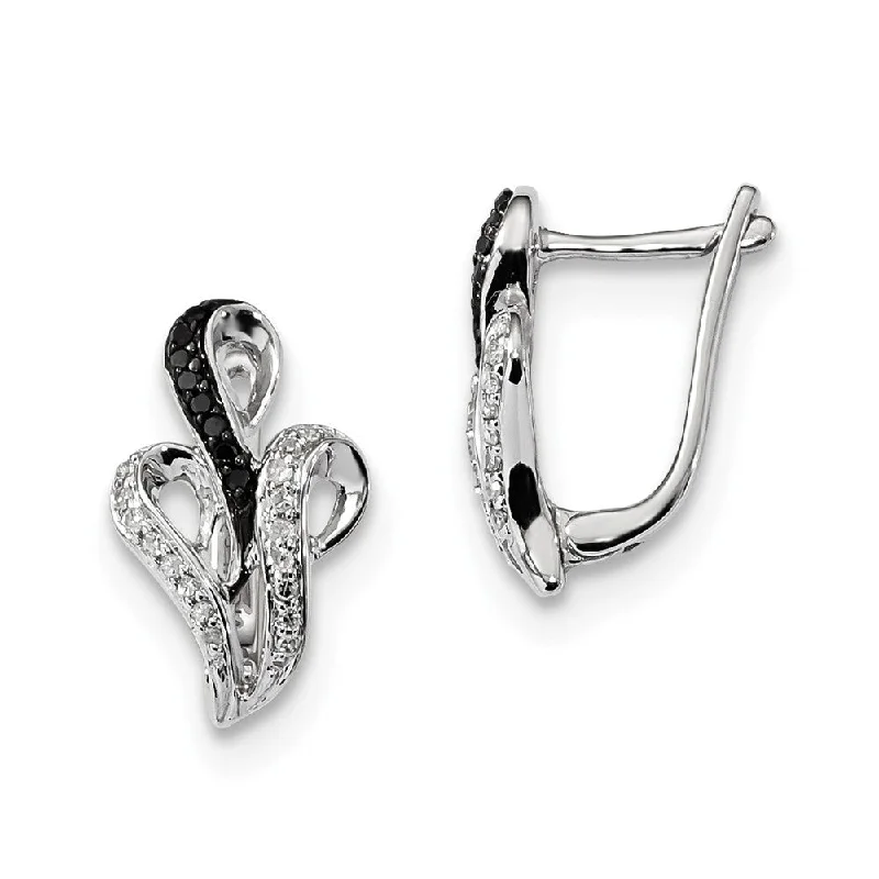 Gold Stud Earrings-Black & White Diamond Scroll Omega Back Earrings in Sterling Silver