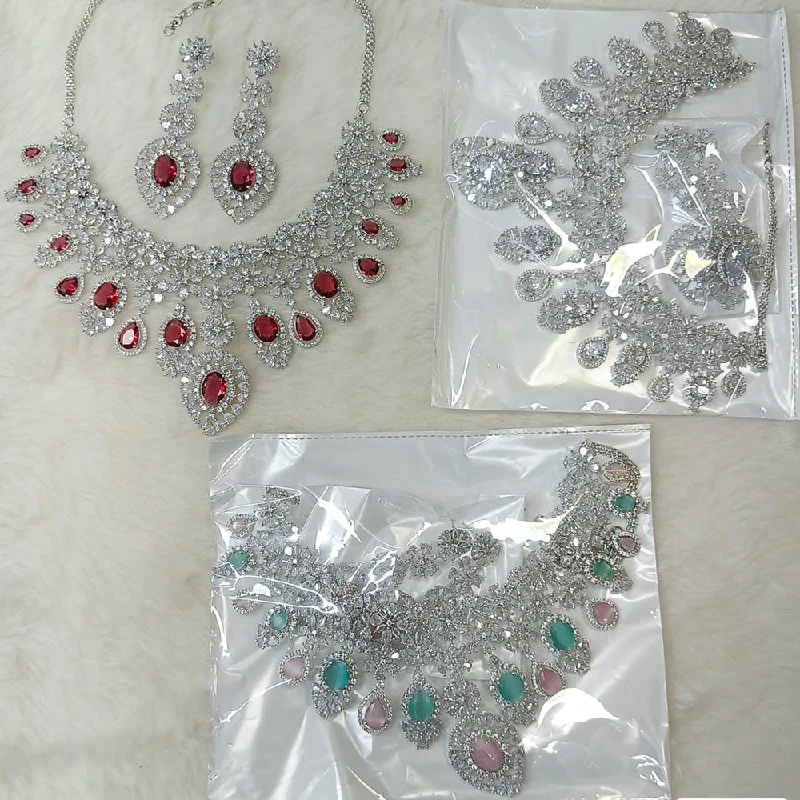 Sparkling Heart Pendant Necklaces-Rani Sati Jewel Silver Plated AD Necklace Set