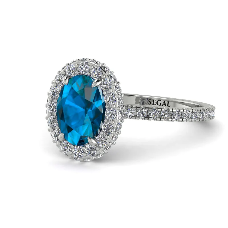 Modern Wedding Rings-Oval Blue Topaz Halo Hidden Diamonds Ring - Amy No. 503