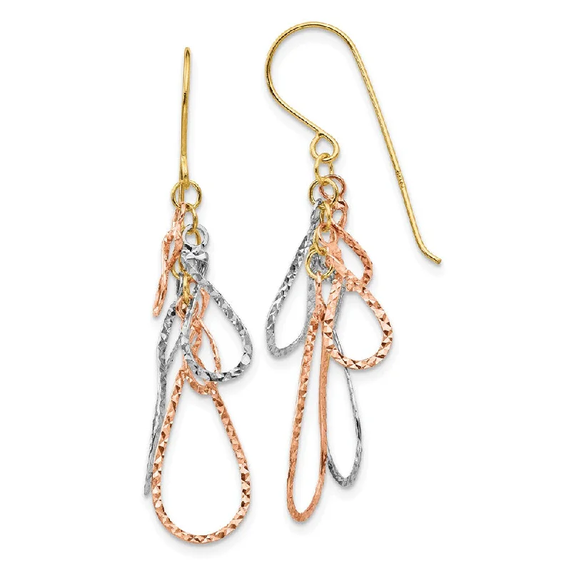 Comfortable Hoop Earrings-Tri Color Diamond Cut Multi Teardrop Dangle Earrings in 14k Gold