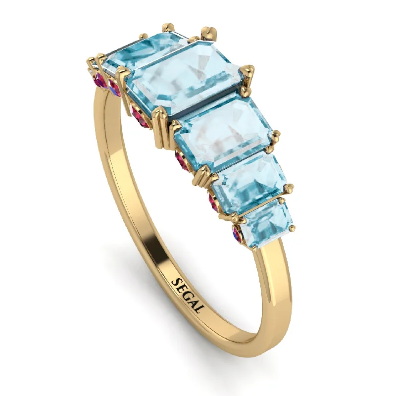 Unique Gold Engagement Rings-Emerald Cut Aquamarine Ring With Hidden Rybies - Brynlee No. 410