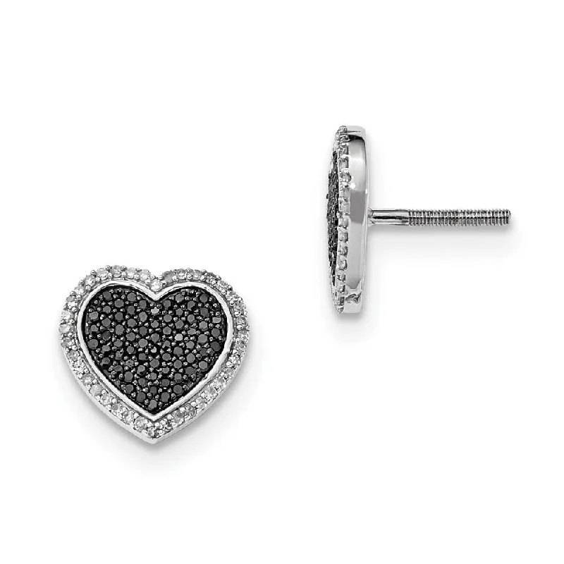 Unique Crystal Earrings-Black & White Diamond 13mm Heart Post Earrings in Sterling Silver