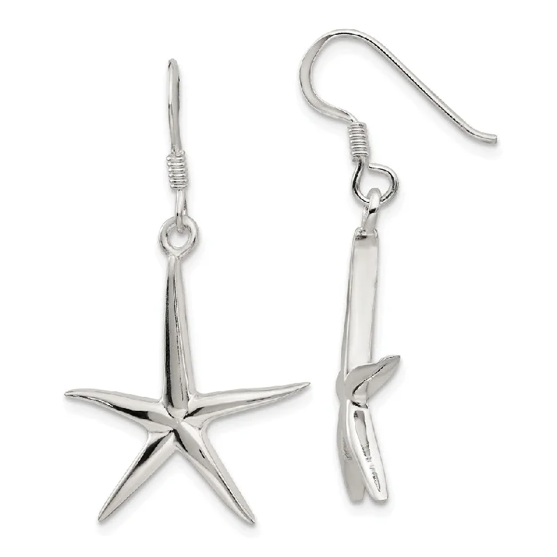 Luxury Silver Earrings-20mm Polished Pencil Starfish Dangle Earrings in Sterling Silver