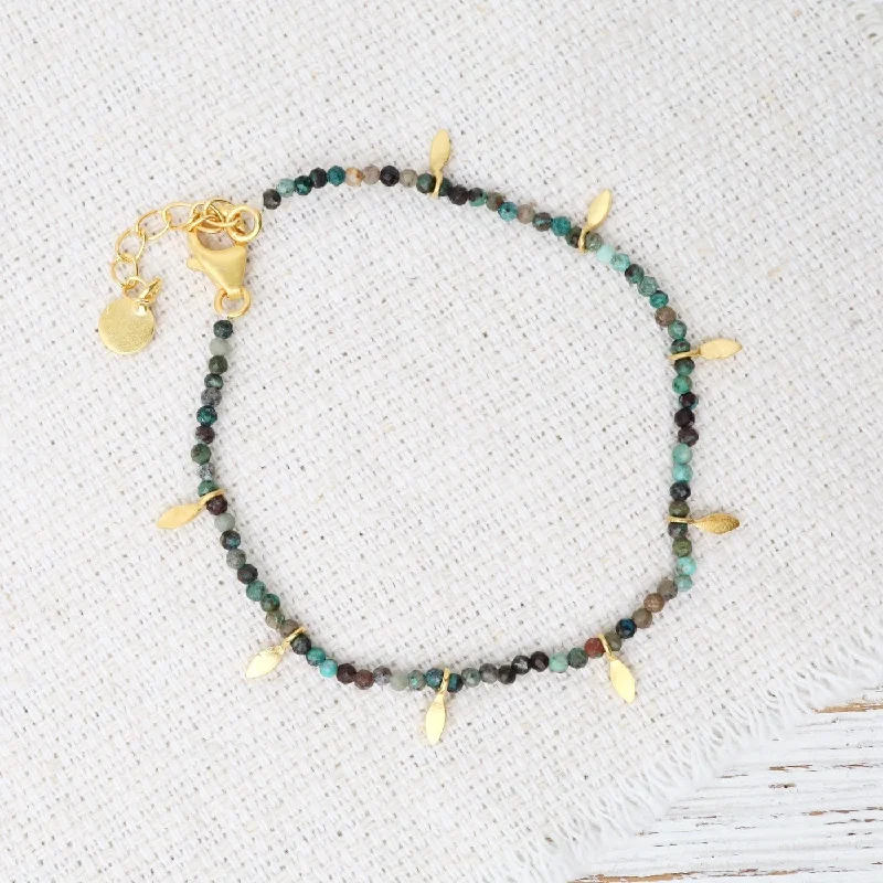 Custom Engraved Gold Bracelets-Turquoise Faceted Beads with Gold Leaves Bracelet