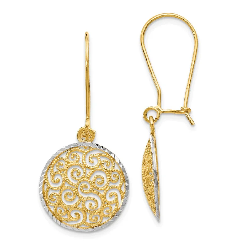 Simple Gold Hoop Earrings-15mm Filigree Circle Dangle Earrings in 14k Yellow Gold & Rhodium