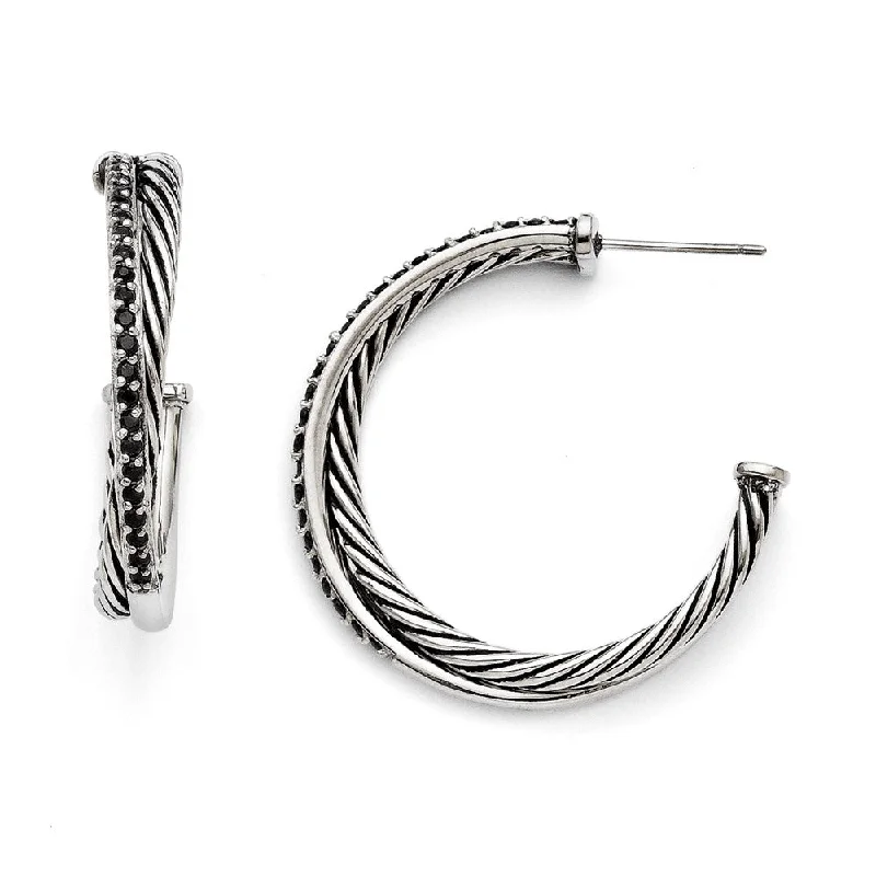 Simple Stud Earrings-5mm Antiqued Twisted & Black CZ Hoops in Stainless Steel, 34mm