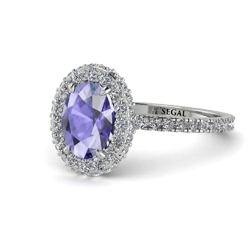 Fine Wedding Bands-Oval Tanzanite Halo Hidden Diamonds Ring - Amy No. 203