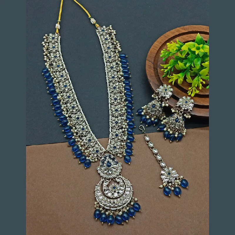 Bridal Necklaces-India Art Gold Plated Kundan Stone And Pearls Long Necklace Set