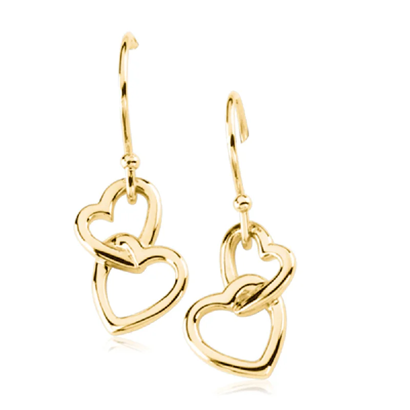 Bridal Earrings-Two Heart Earrings, 14k Yellow Gold