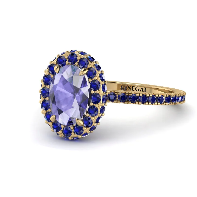 Elegant Wedding Bands-Oval Tanzanite Halo Hidden Sapphires Ring - Amy No. 213