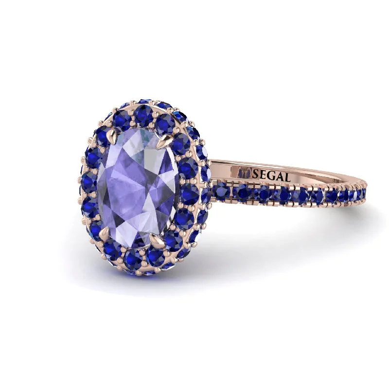 Simple Gold Wedding Bands-Oval Tanzanite Halo Hidden Sapphires Ring - Amy No. 214