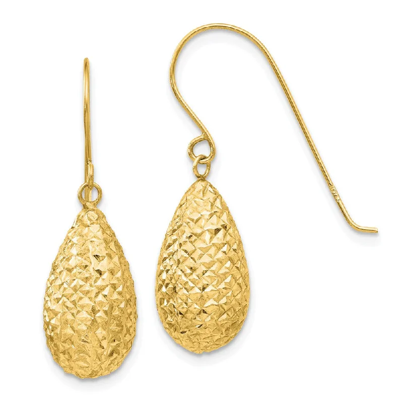 Clear Crystal Earrings-15mm Diamond Cut Puffed Teardrop Dangle Earrings in 14k Yellow Gold