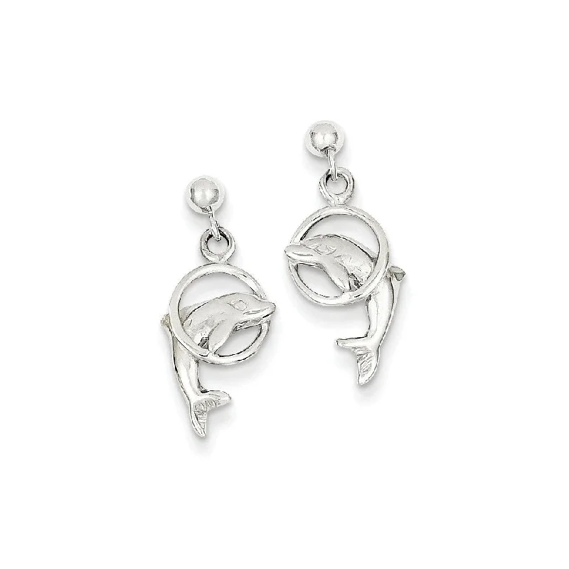 Oval Hoop Earrings-Dolphin & Hoop Dangle Post Earrings in 14k White Gold