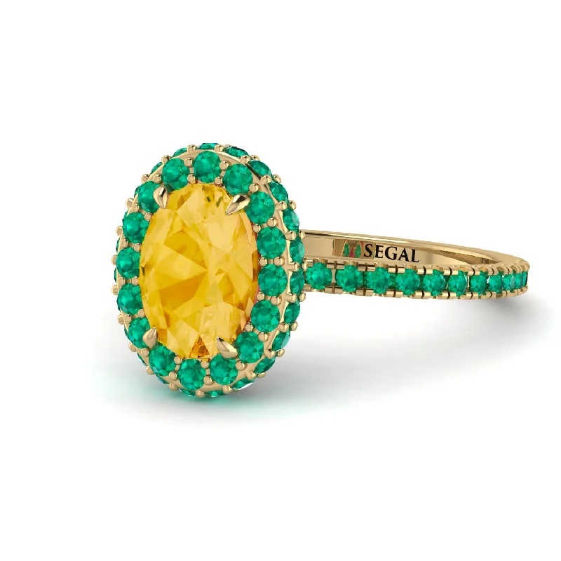 Bold Statement Wedding Rings-Oval Citrine Halo Hidden Emeralds Ring - Amy No. 604