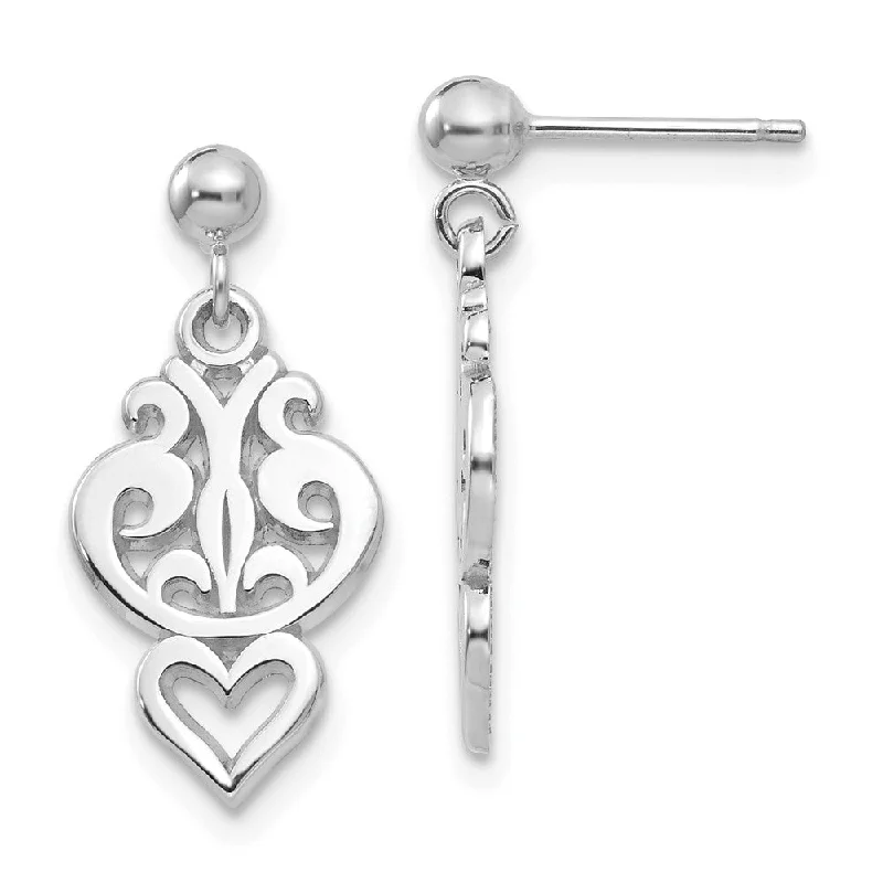 Boho Earrings for Weddings-Small Filigree Heart Dangle Post Earrings in 14k White Gold