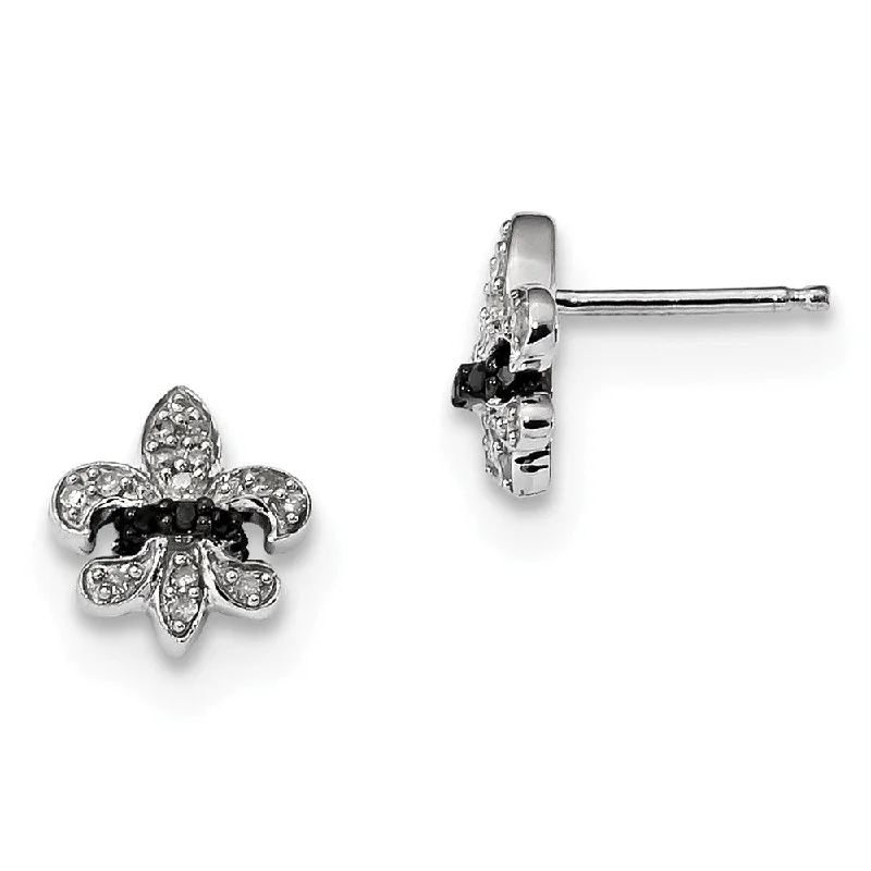 Minimalist Earrings-Black & White Diamond 10mm Fleur De Lis Sterling Silver Post Earrings