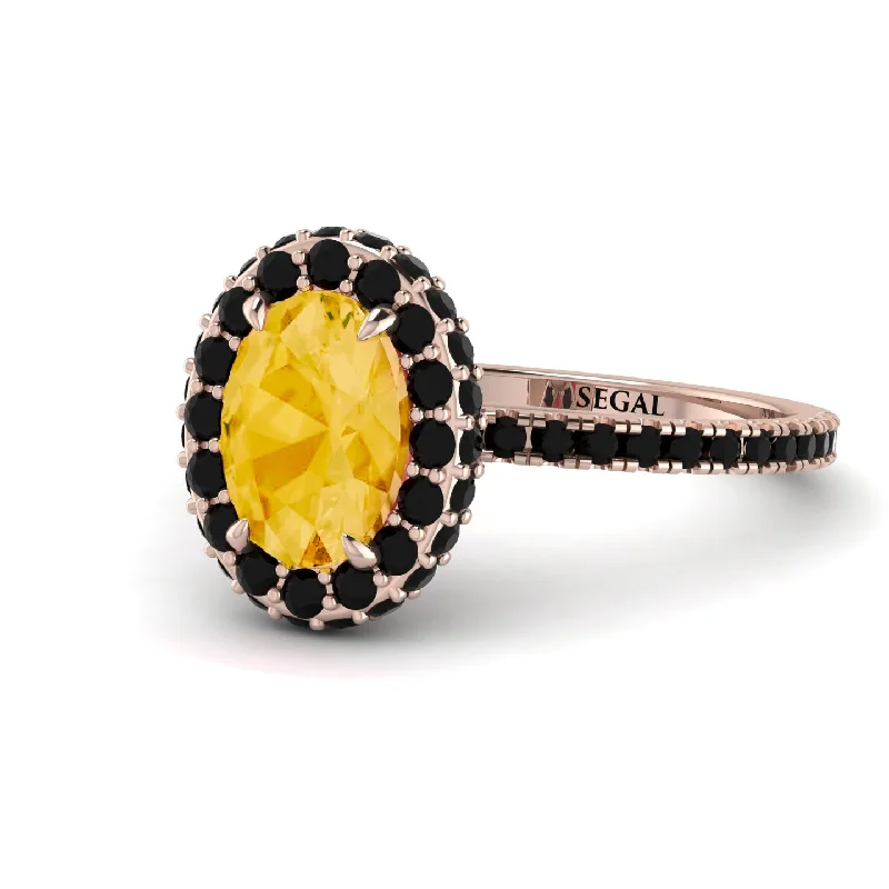 Bridal Engagement Rings-Oval Citrine Halo Hidden Black Diamonds Ring - Amy No. 608