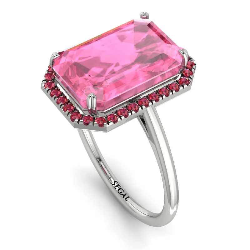 Silver Wedding Bands-Halo Emerald Cut Pink Moissanite Engagement Ring - Izabella No. 812