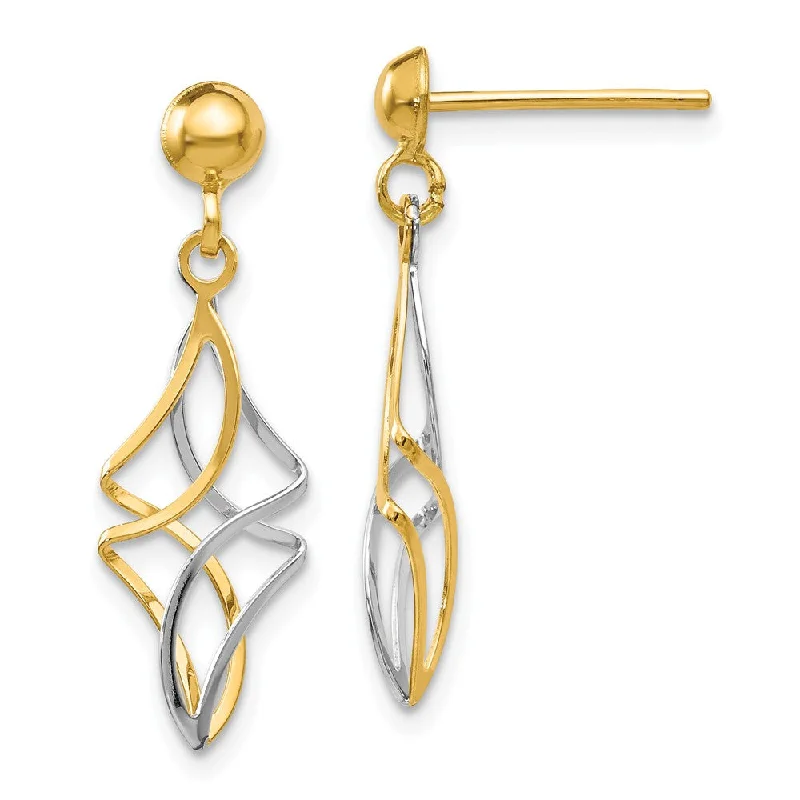 Hoop Earrings for Women-Two Tone Twisted Dangle Post Earrings in 14k Yellow and White Gold