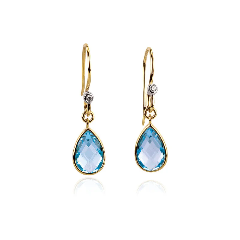 Delicate Drop Earrings-Swiss Blue Topaz Teardrop & Diamond Dangle Earrings in 14k Yellow Gold