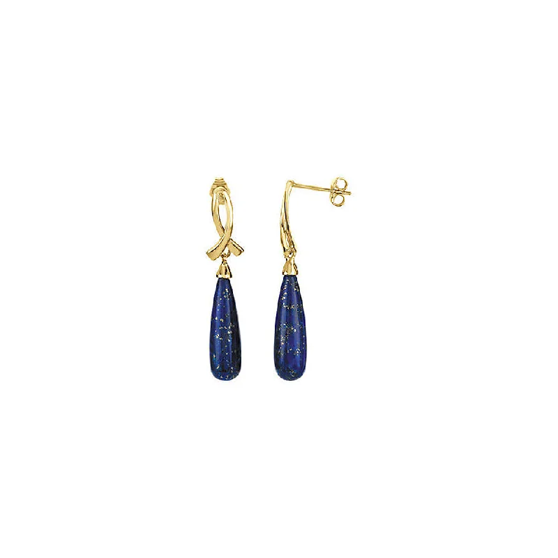 Bright Gemstone Earrings-14k Yellow Gold Awareness Ribbon & Lapis Teardrop Dangle Post Earrings