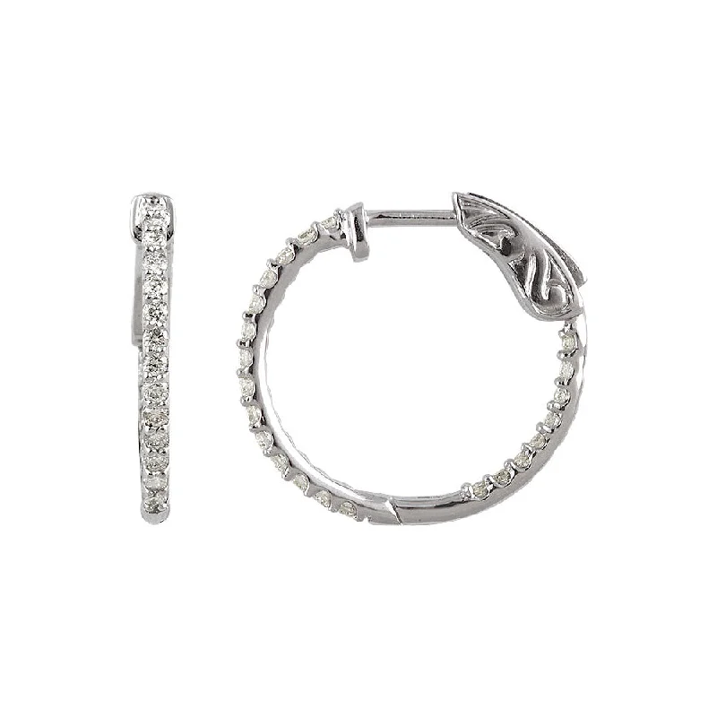 Contemporary Earrings-14k White Gold 19mm Inside Outside Diamond Hinged Round Hoop Earrings