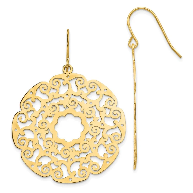 Premium Silver Earrings-Open Lace Circle Dangle Earrings in 14k Yellow Gold