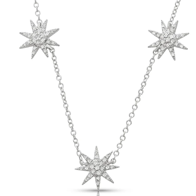 Unique Silver Necklaces-Three Star Pave Set  0.20 ctw Diamond Necklace Pendant