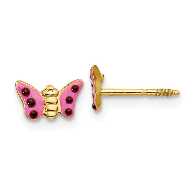 Vintage Gemstone Earrings-Kids Pink Enameled Butterfly Post Earrings in 14k Yellow Gold