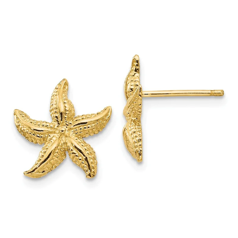 Long Statement Earrings-13mm Polished Textured Starfish Post Earrings in 14k Yellow Gold