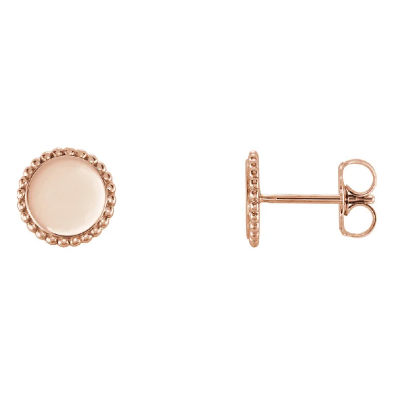 Glittery Silver Earrings-8mm (5/16 Inch) 14k Rose Gold Engravable Beaded Edge Circle Earrings