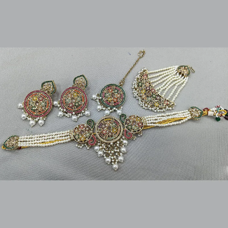 Handmade Necklaces for Women-Rani Sati Jewels Gold Plated Crystal and Pearl Choker Necklace Set