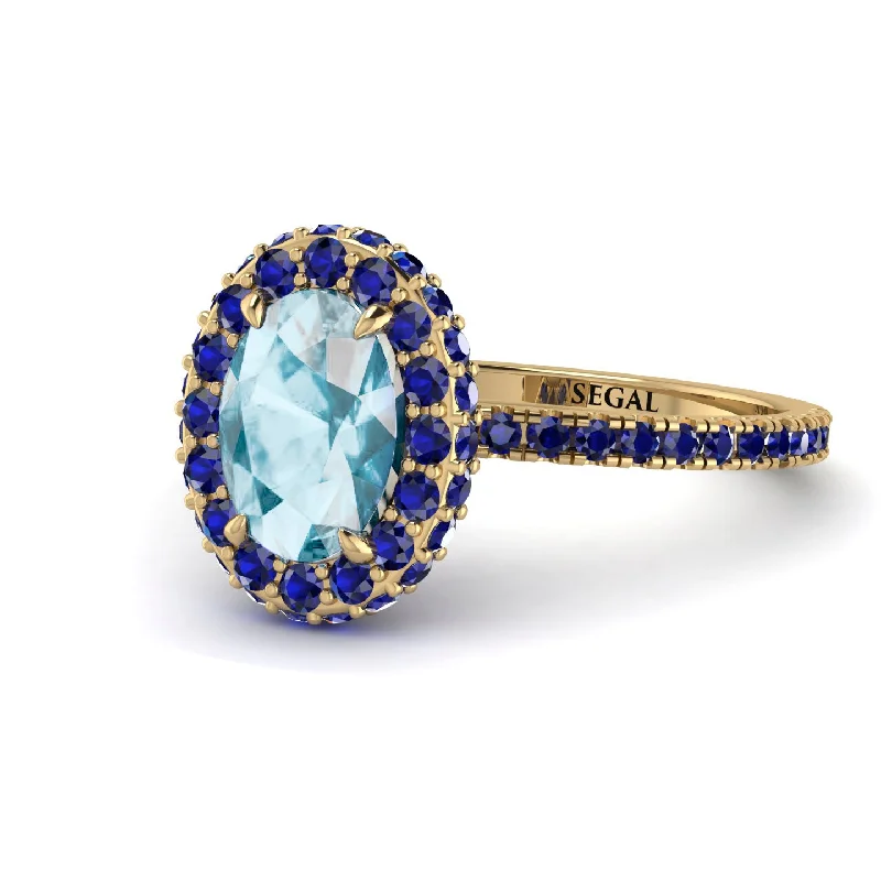 Engagement Rings with Colored Stones-Oval Aquamarine Halo Hidden Sapphires Ring - Amy No. 413