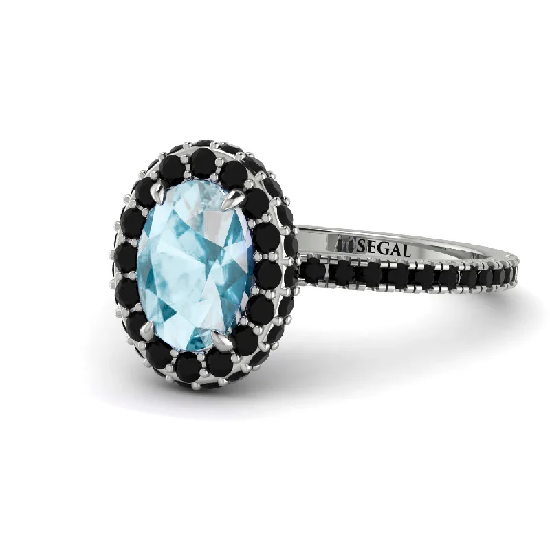 Custom Gemstone Rings-Oval Aquamarine Halo Hidden Black Diamonds Ring - Amy No. 409