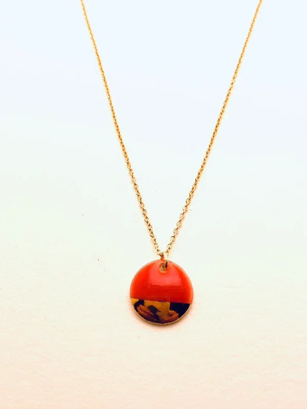 Layered Gold Necklaces-Gold Dipped Circle Necklace, Coral Red Glaze