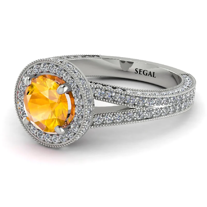 Fashionable Wedding Ring Sets-Milgrain Round Yellow Diamond Engagement Ring - Payton No. 1003