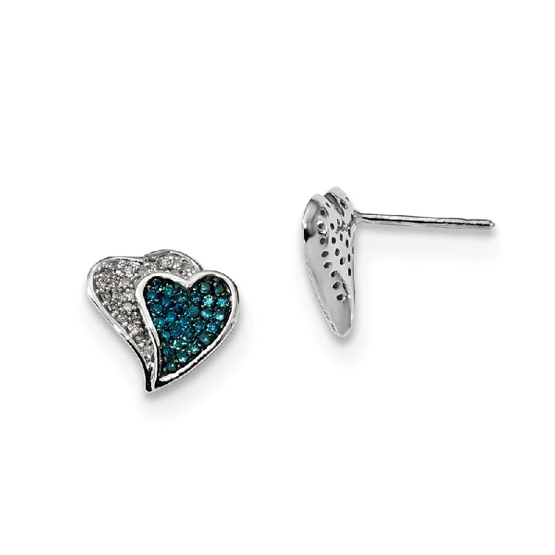 Sterling Silver Earrings-Blue & White Diamond 10mm Double Heart Sterling Silver Post Earrings