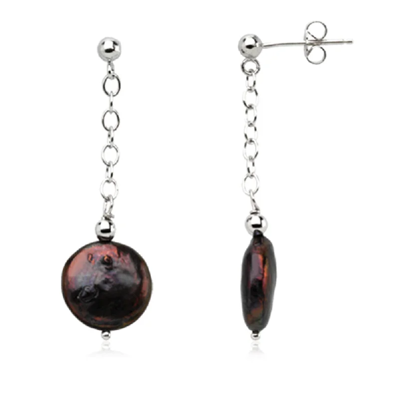 Custom Gemstone Earrings-12-13mm Black Freshwater Cultured Coin Pearl Sterling Silver Earrings