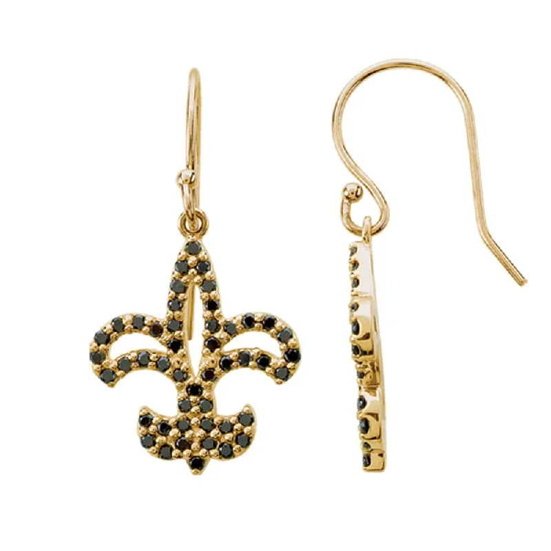 Large Silver Hoop Earrings-1/2 cttw Black Diamond Fleur-De-Lis Earrings in 14k Yellow Gold