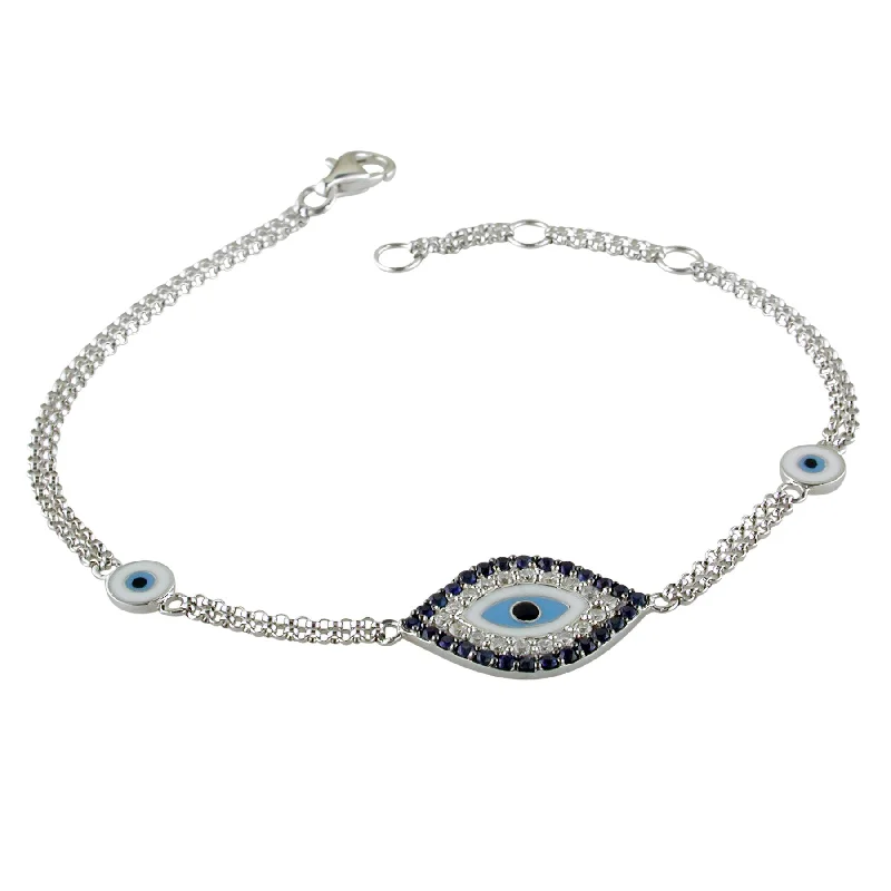 Custom Wedding Cuff Bracelets-Evil Eye Mati Blue Sapphire & Diamond Diamond 18K White Gold Bracelet with Enamel