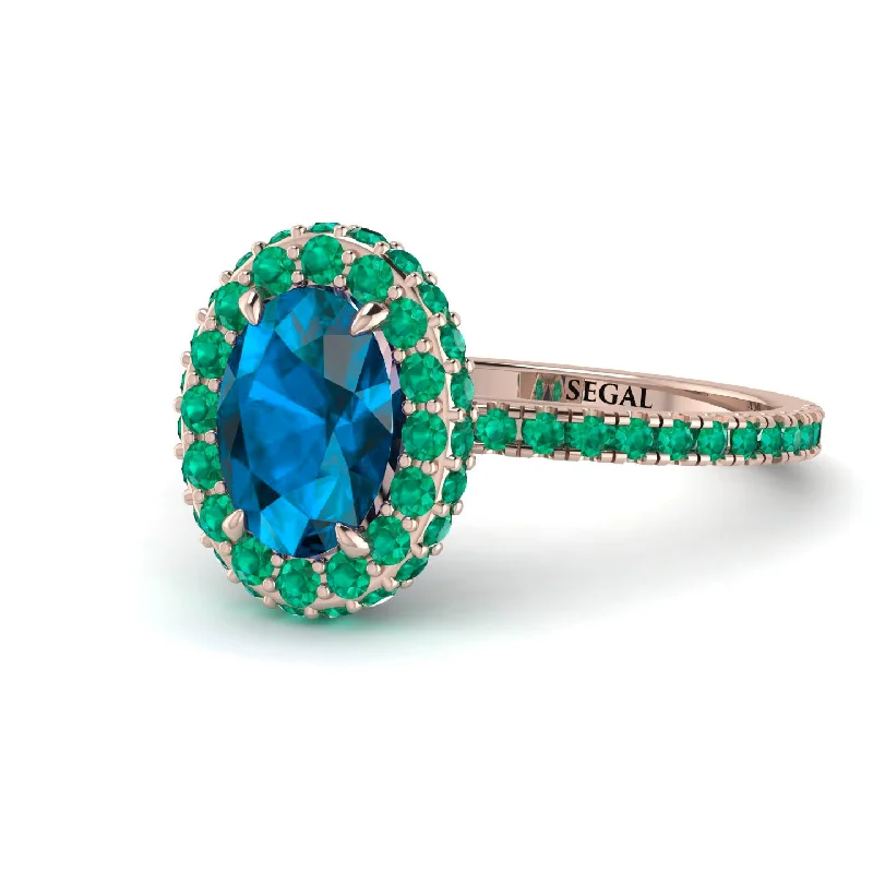 Colorful Wedding Rings-Oval Blue Topaz Halo Hidden Emeralds Ring - Amy No. 505